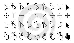 Pointer cursor. Computer mouse click arrow icons flat style, pointing finger and text cursor. Vector isolated set