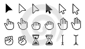 Pointer cursor icons. Computer web arrows mouse cursors and clicking line pointer cursor selecting. Pixel hand vector