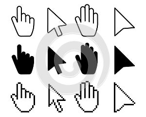 Pointer cursor icons. Computer web arrows mouse cursors and clicking line pointer cursor selecting. Pixel hand, pointer hand,