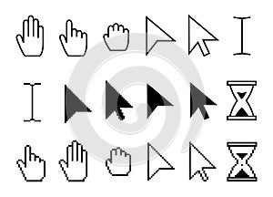 Pointer cursor icons. Web arrows cursors, mouse clicking and grab hand pixel icon vector collection