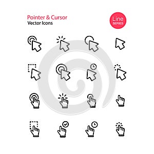 Pointer cursor line icon set. Computer mouse, click, arrow, touch gesture, selection, finger. Vector on isolated white background