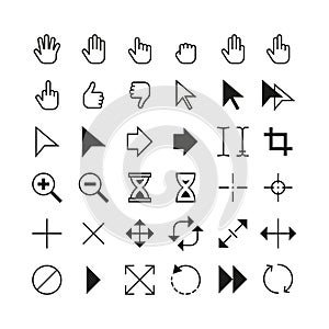 Pointer cursor. Mouse arrow icon pointers, black selection and edit tool cursors. Hand click, skip and swipe symbols