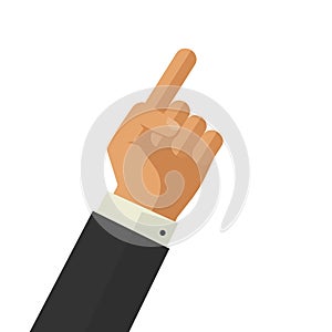 Pointer finger vector illustration, flat cartoon thumb point business man hand gesture isolated on white background