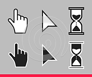 Pointer hand, arrow and hourglass loading clock mouse cursors icon sign
