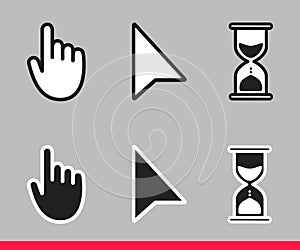 Pointer hand, arrow and hourglass loading clock mouse cursors icon sign