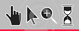 Pointer hand, arrow, hourglass loading clock mouse, magnifier cursors icon sign.