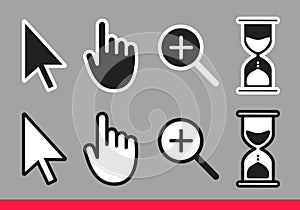 Pointer hand, arrow, hourglass loading clock mouse, magnifier cursors icon sign.