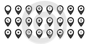 Pointer icons set. Marker icons with different signs. Location or navigation signs. Map pin icon. Vector illustration