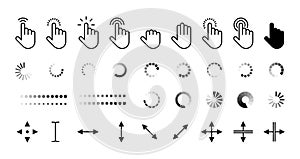 Pointer and loading icons. Computer cursor arrow and loading sign, click and wait symbol, web address and thumb pointing