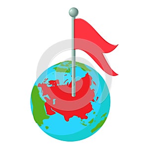 Pointer mark icon isometric vector. Planet earth globe with red flag pointer