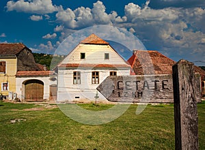 Pointer to Saschiz castle, Mures County, Romania