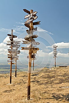 Pointers distances to different cities and tourist atop Mount Ma