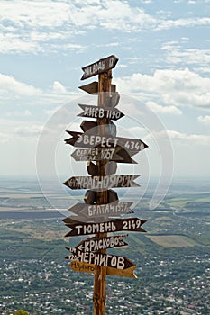 Pointers distances to different cities and tourist atop Mount Ma