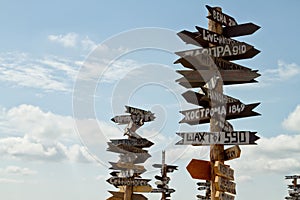 Pointers distances to different cities and tourist atop Mount Ma