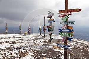 Pointers distances to different cities and tourist atop Mount Mashuk