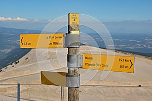 Pointers to cities and villages at the top of the mountain Mont Ventoux in Provence