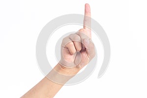 Pointing in a certain direction in front of white background