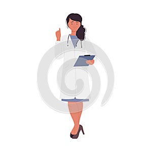 Pointing female doctor with clipboard