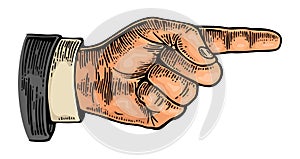 Pointing finger. Hand sign. Vector color vintage engraving