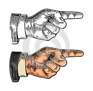 Pointing finger. Hand sign. Vector color vintage engraving