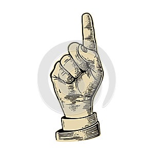 Pointing finger. Number one hand sign. Vector black vintage engraved illustration isolated on a white background. Hand sign for
