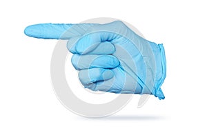 Pointing finger sign. Hand in Blue nitrile medical glove isolated