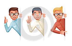 Pointing Finger Support Help Looking Out Corner Idea 3d Cartoon Businessman Characters Set Icon Solution Symbol Retro