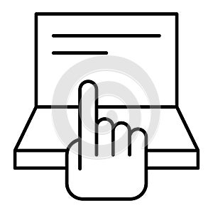 Pointing hand and laptop thin line icon. Computer and hand vector illustration isolated on white. Finger aiming on