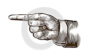 Pointing hand sketch. Forefinger, index finger. Vintage, retro vector illustration