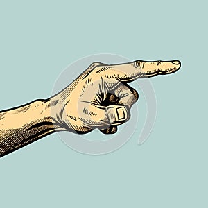 Pointing hand sketch. Forefinger, index finger. Vintage, retro vector illustration