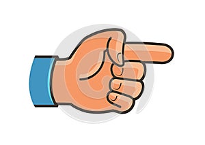 Pointing hand symbol. Forefinger, index finger, gesture label or icon. Cartoon vector illustration