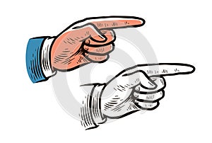 Pointing hand vintage sketch. Forefinger, index finger retro vector illustration