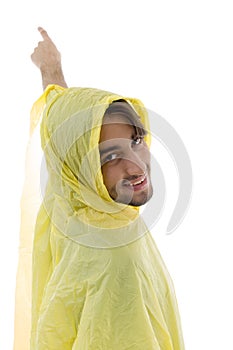 Pointing male wearing raincoat