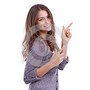 Pointing, portrait and happy woman with finger gun gesture at discount opportunity, sales notification or ads. Happiness