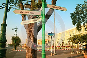 Pointing Signposts to Wat Phra Kaeo Temple, Phra Nakhon District, Bangkok, Thailand