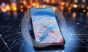 Pointing smartphone with gps navigation and map icons on blurred road abstract background