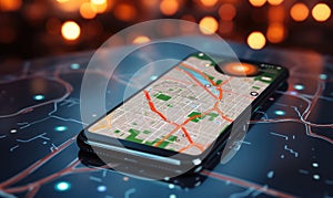 Pointing smartphone with gps navigation and map icons on blurred road abstract background