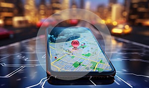 Pointing smartphone with gps navigation and map icons on blurred road abstract background