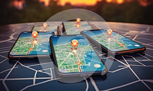 Pointing smartphone with gps navigation and map icons on blurred road abstract background