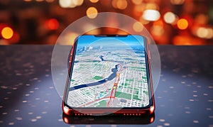 Pointing smartphone with gps navigation and map icons on blurred road abstract background