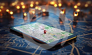 Pointing smartphone with gps navigation and map icons on blurred road abstract background