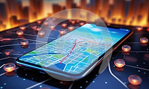 Pointing smartphone with gps navigation and map icons on blurred road abstract background