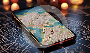 Pointing smartphone with gps navigation and map icons on blurred road abstract background