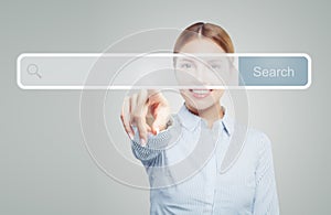 Pointing woman hand. Pointing finger to empty address bar in virtual web browser