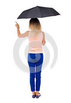 Pointing woman under an umbrella