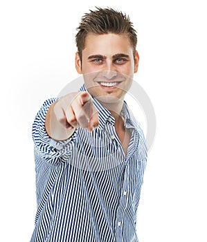 Pointing, you and man in studio portrait, cool and casual motivation for winning and support. Encourage, happy and win