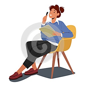 Poised Woman, Seated On A Chair, Attentively Holds A Clipboard And Pen. Her Focused Demeanor Exudes Professionalism