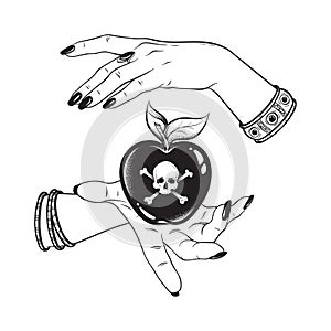 Poison apple in hands of witch line art and dot work hand drawn vector illustration. Boho style sticker, patch, print or blackwork