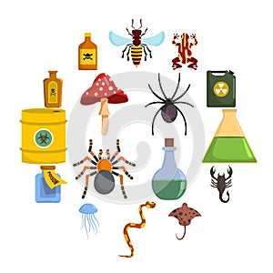 Poison danger toxic icons set, flat style