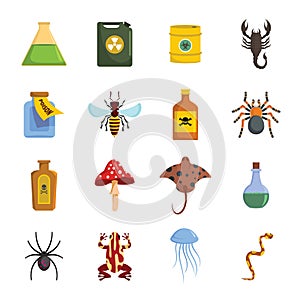 Poison danger toxic icons set, flat style